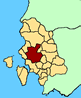 Cartina della Provincia di Carbonia - Igleisias. In rosso il teritorio del comune di Carbonia.