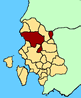 Cartina della Provincia di Carbonia - Igleisias. In rosso il teritorio del comune di Iglesias.