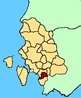 Cartina della Provincia di Carbonia - Igleisias. In rosso il teritorio del comune di Masainas.