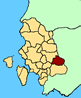 Cartina della Provincia di Carbonia - Igleisias. In rosso il teritorio del comune di Nuxis.
