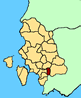 Cartina della Provincia di Carbonia - Igleisias. In rosso il teritorio del comune di Piscinas.