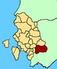 Cartina della Provincia di Carbonia - Igleisias. In rosso il teritorio del comune di Santadi.