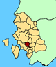 Cartina della Provincia di Carbonia - Igleisias. In rosso il teritorio del comune di Tratalias.