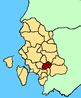 Cartina della Provincia di Carbonia - Igleisias. In rosso il teritorio del comune di Villaperuccio.