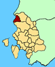 Cartina della Provincia di Carbonia - Igleisias. In rosso il teritorio del comune di Buggerru.