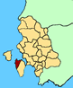 Cartina della Provincia di Carbonia - Igleisias. In rosso il teritorio del comune di Buggerru.