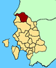 Cartina della Provincia di Carbonia - Igleisias. In rosso il teritorio del comune di Fluminimaggiore.