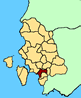 Cartina della Provincia di Carbonia - Igleisias. In rosso il teritorio del comune di Giba.