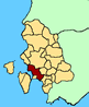 Cartina della Provincia di Carbonia - Igleisias. In rosso il teritorio del comune di San Giovanni Suergiu.