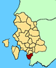 Cartina della Provincia di Carbonia - Igleisias. In rosso il teritorio del comune di Sant'Anna Arresi.