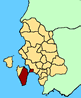 Cartina della Provincia di Carbonia - Igleisias. In rosso il teritorio del comune di Sant'Antioco.